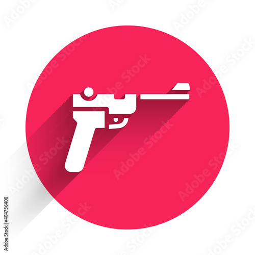 White Mauser gun icon isolated with long shadow. Mauser C96 is a semi-automatic pistol. Red circle button. Vector.