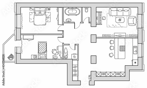 Apartment house floor plan with furniture arrangement. Interior design view from above. Vector blueprint.