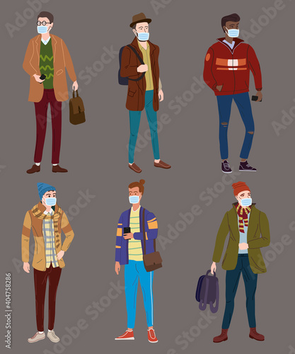Set Young mans students in modern autumn trendy clothes. In medical mask, individual protection from viruses, smog, vapor. Fashion casual outerwear street style character. Flat cartoon style vector