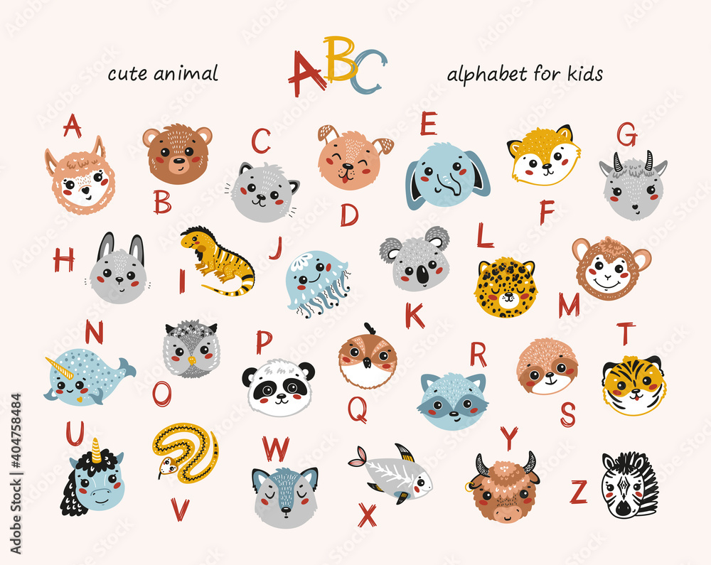 Fototapeta premium Cute Animals Alphabet for Children. Cartoon English Alphabet for Kids. Hand Drawn Lovely Baby Animal Faces with Doodle Latin Letters. Colorful Childish Vector ABC Poster for Preschool Education 