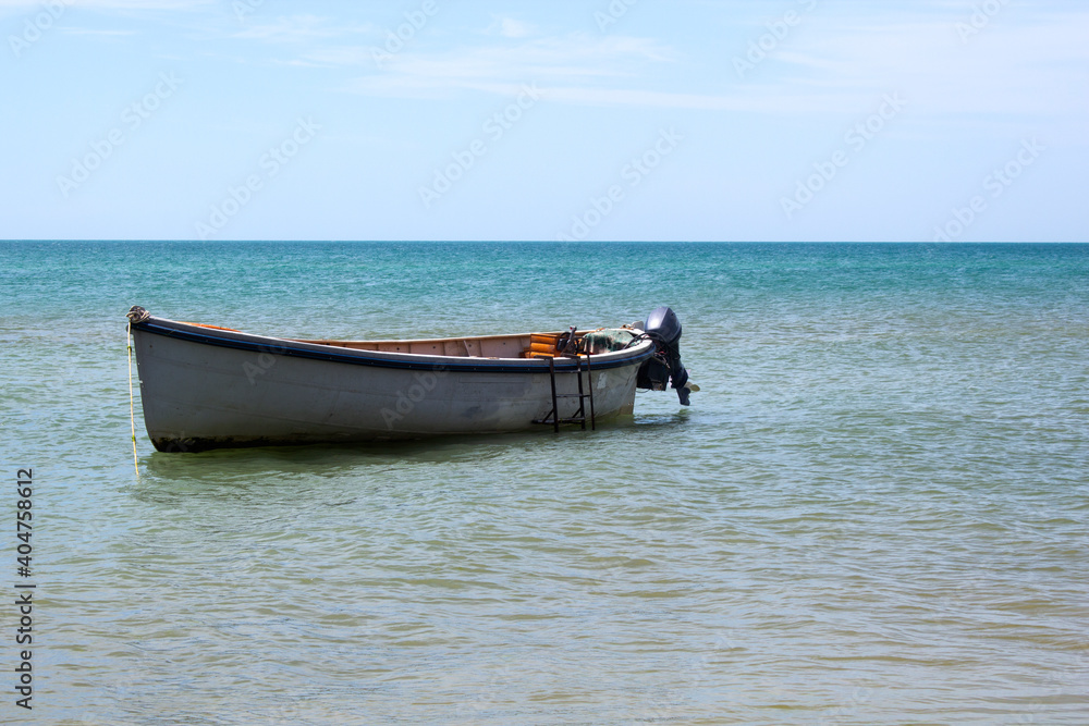 Seascape sunny day, sand beach and blue cloudy sky and boat on the water