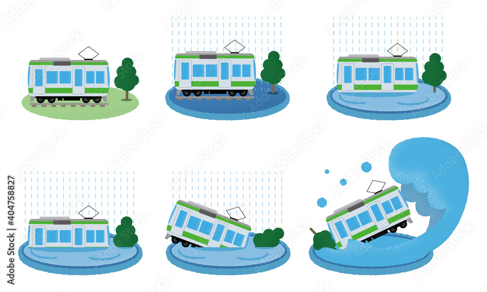 大雨の被害に遭う電車のベクターイラストセット Stock Vector | Adobe Stock