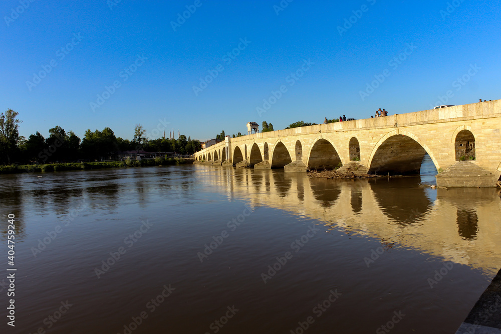 Beautiful Meric Bridge with Meric River in Edirne, Turkey.