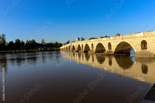 Beautiful Meric Bridge with Meric River in Edirne, Turkey.