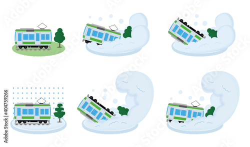 雪崩の被害に遭う電車のベクターイラストセット