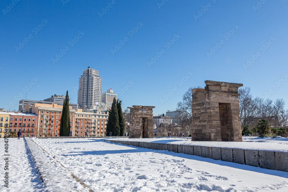 Temple of Debod in Madrid covered in snow after the storm Filomena passed through the capital. Extreme cold. Nevada in Madrid. Filomena storm.