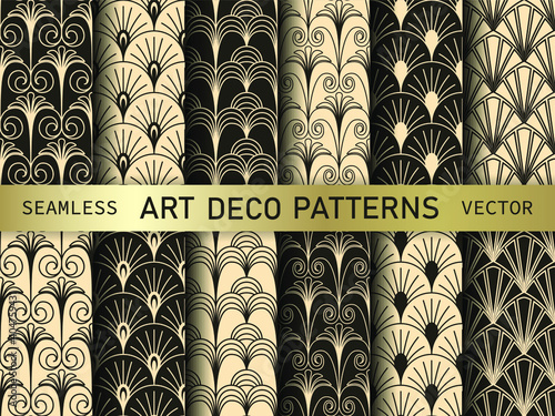 Set of vintage art deco geometrical with repeat elements patterns. Collection of seamless vector background. Luxury decorative ornamental wallpaper 