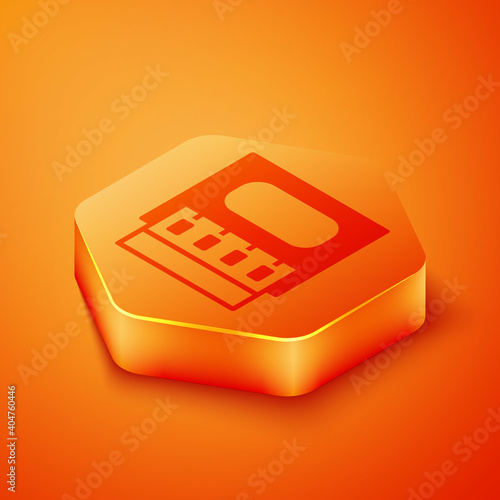 Isometric Open matchbox and matches icon isolated on orange background. Orange hexagon button. Vector.