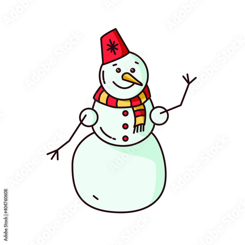 Vector drawing of a snowman. Clip art. Sticker. Suitable for printing on paper, fabric.