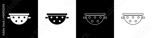Set Kitchen colander icon isolated on black and white background. Cooking utensil. Cutlery sign. Vector.