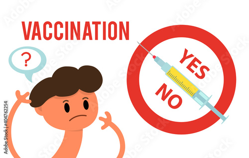 Vaccines and immunization concept. Cartoon vector banner of a syringe and frightened kid. Vaccination background.