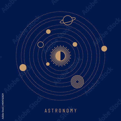 Minimalistic vector image of galaxy. Golden planets of the solar system in their orbits around the sun on a dark blue background. 