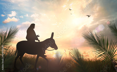 Leinwand Poster Palm Sunday concept: Silhouette Jesus Christ riding donkey on meadow sunset back