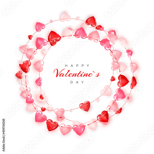 Circle decoration garland of red and pink hearts. Valentine's day greeting card or banner template. Vector