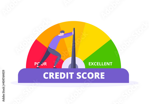 Man pushes credit score arrow gauge speedometer indicator with color levels. Measurement from poor to excellent rating for credit or mortgage loans concept flat style design vector illustration.