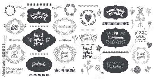 Vector set of floral decor, hand drawn doodle frames, dividers, borders, elements. Isolated. Handmade, workshop, hand made shop graphic design set. Arts and crafts, sewing elements, icons