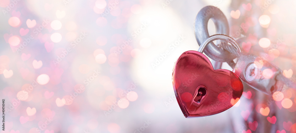 Valentines Day Wedding Love Birthday background banner panorama greeting  card template - Red heart love padlocks with bright heart bokeh lights  Stock Photo | Adobe Stock