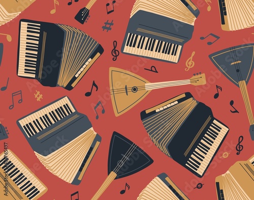 Seamless pattern with accordion, guitar, balalaika and sheet music. International Music Day. Vector musical instrument set. Doodle elements