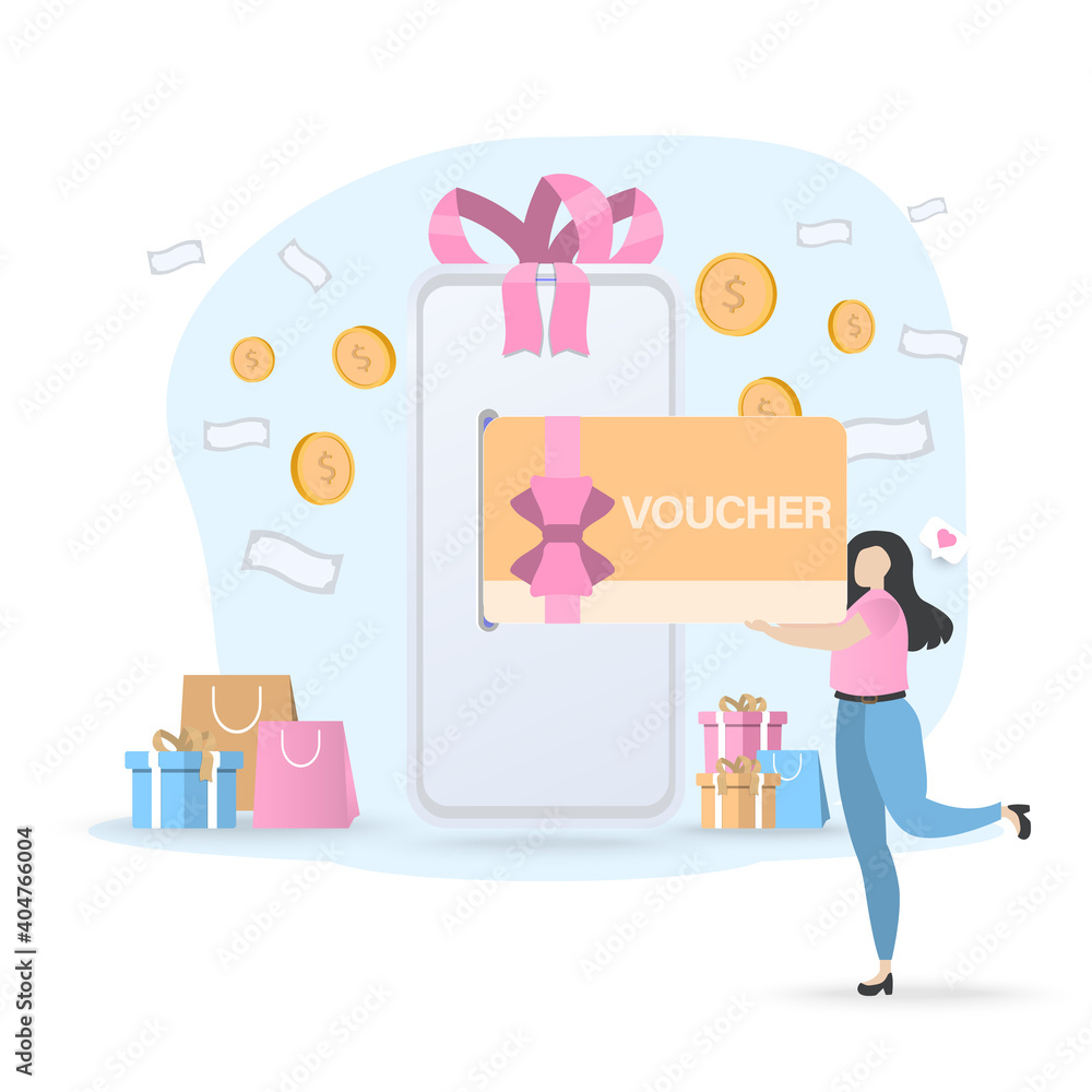 Woman receive voucher card from mobile phone Woman receive voucher card from mobile phone