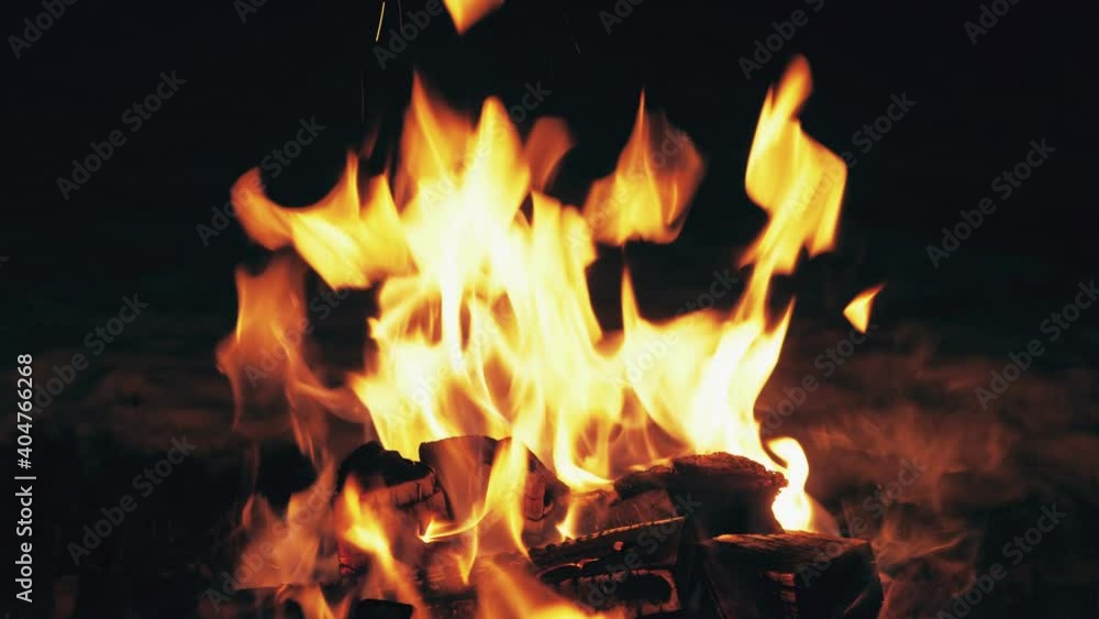 Burning hot bonfire on dark background. Fire orange flames on black in camping Burning hot bonfire on dark background. Fire orange flames on black in camping
