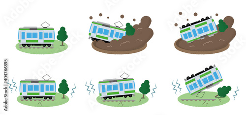 地震・土砂災害に遭う電車のベクターイラストセット