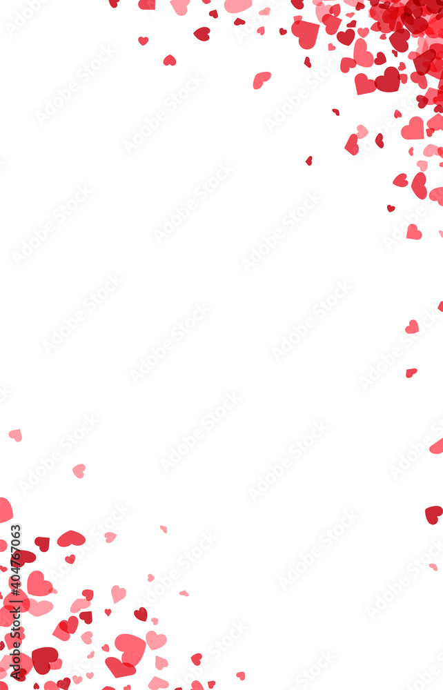 Red hearts confetti frame on white background.