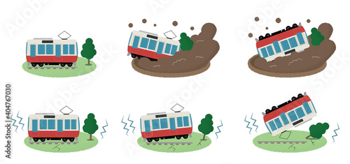 地震・土砂災害に遭う電車のベクターイラストセット