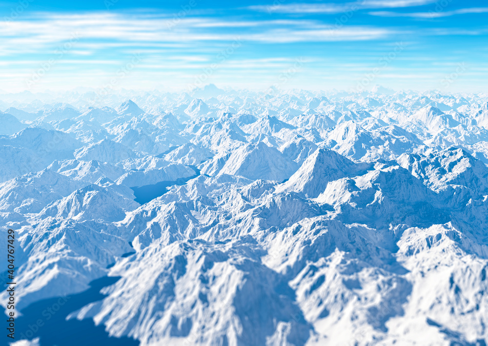 Fototapeta premium Aerial view of a snowy mountain range. Snow on the peaks. Himalaya. Alpine arch. Reliefs and orography of the land, melting of ice. Climate change. Temperature increase. Nature in danger. 3d render