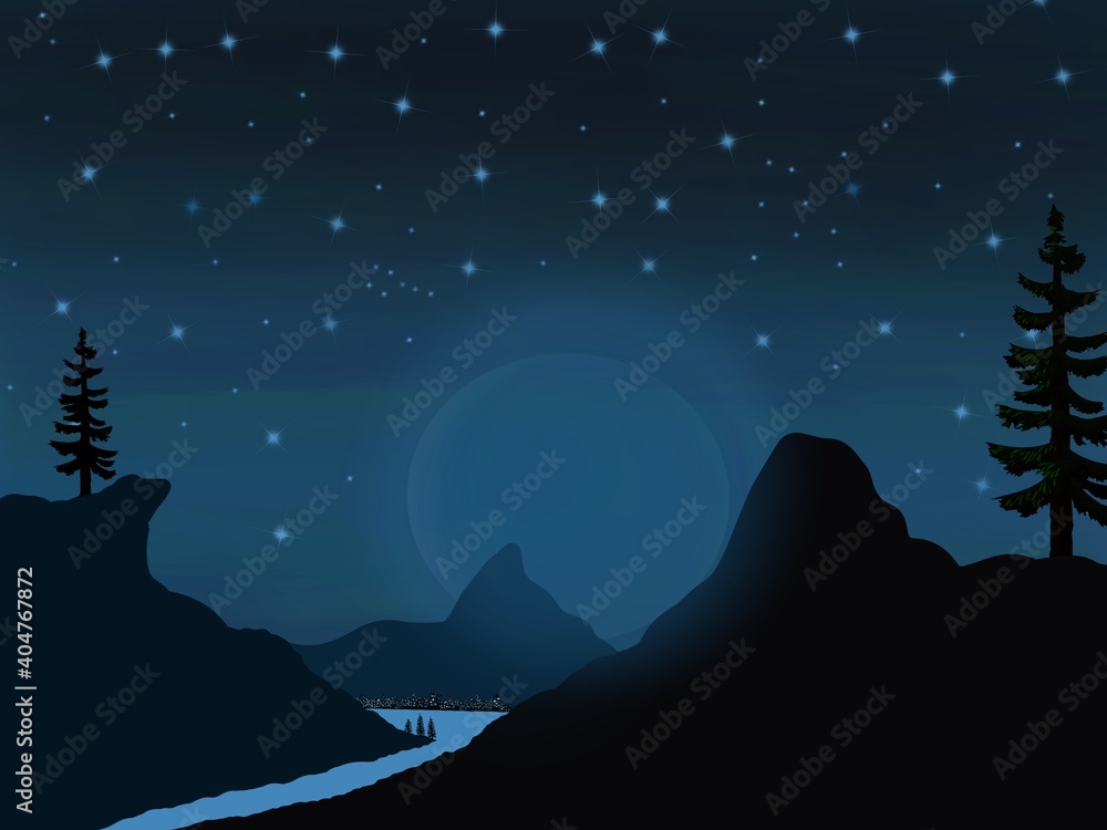 night landscape with moon and stars in the mountains