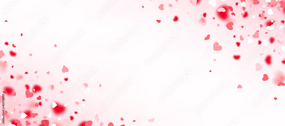 Red hearts confetti on light red gradient background.