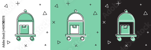Set Hotel luggage cart with suitcase icon isolated on white and green, black background. Traveling baggage sign. Travel luggage icon. Vector.