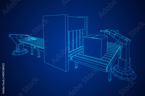 Robotic arm manufacture technology industry assembly mechanic hand. Regular roller conveyor with circuit boards and packed boxes. Wireframe low poly mesh vector illustration