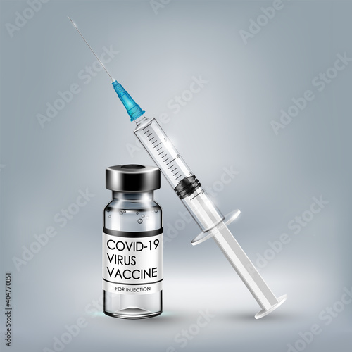 Coronavirus vaccine isolated, Covid-19 coronavirus vaccination with vaccine bottle and syringe injection tool for covid19 immunization treatment and prevention, Vector illustration.