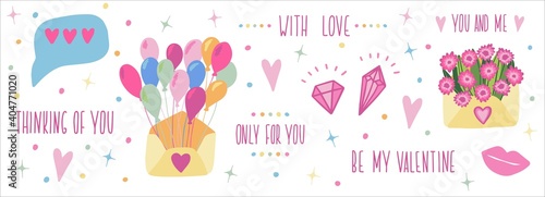Set for Happy Valentine's Day. Cute hand drawn elements and lettering. Ideal for card poster print. Hearts puncake gift diamonds. Romantic vector illustration