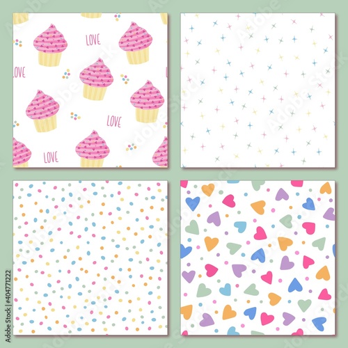Set 4 seamless love heart background pattern in pastel colors. Great for baby announcement, Valentine's Day, Mother's Day, wedding, scrapbook, gift wrapping paper, textiles, card, banner, poster.