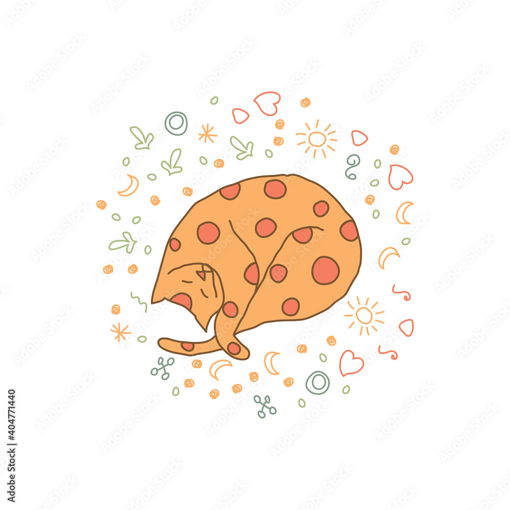 Cosy hand drawn cat with decorations. Circles. Vector illustration. Editable lines. Colored with outlines, round background, cute pattern. Cosy hand drawn cat with decorations. Circles. Vector illustration. Editable lines. Colored with outlines, round background, cute pattern.