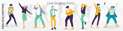Live singing party. People singing song together with microphones. karaoke party, contest, competition, festival, live performance flat vector illustration
