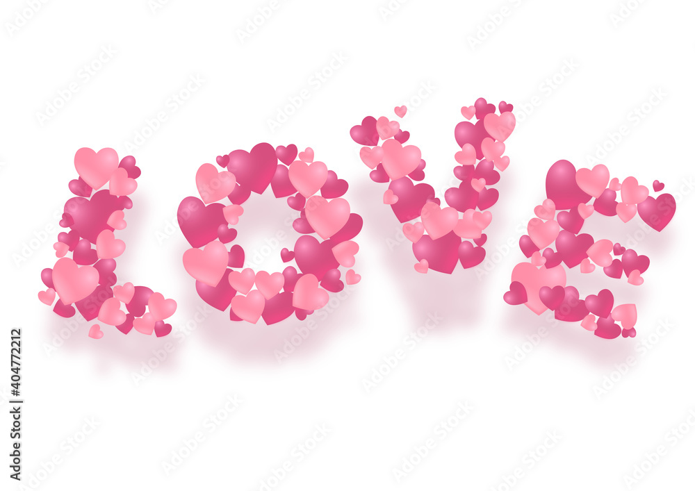 Hearts of Love typographic with shadow on white background