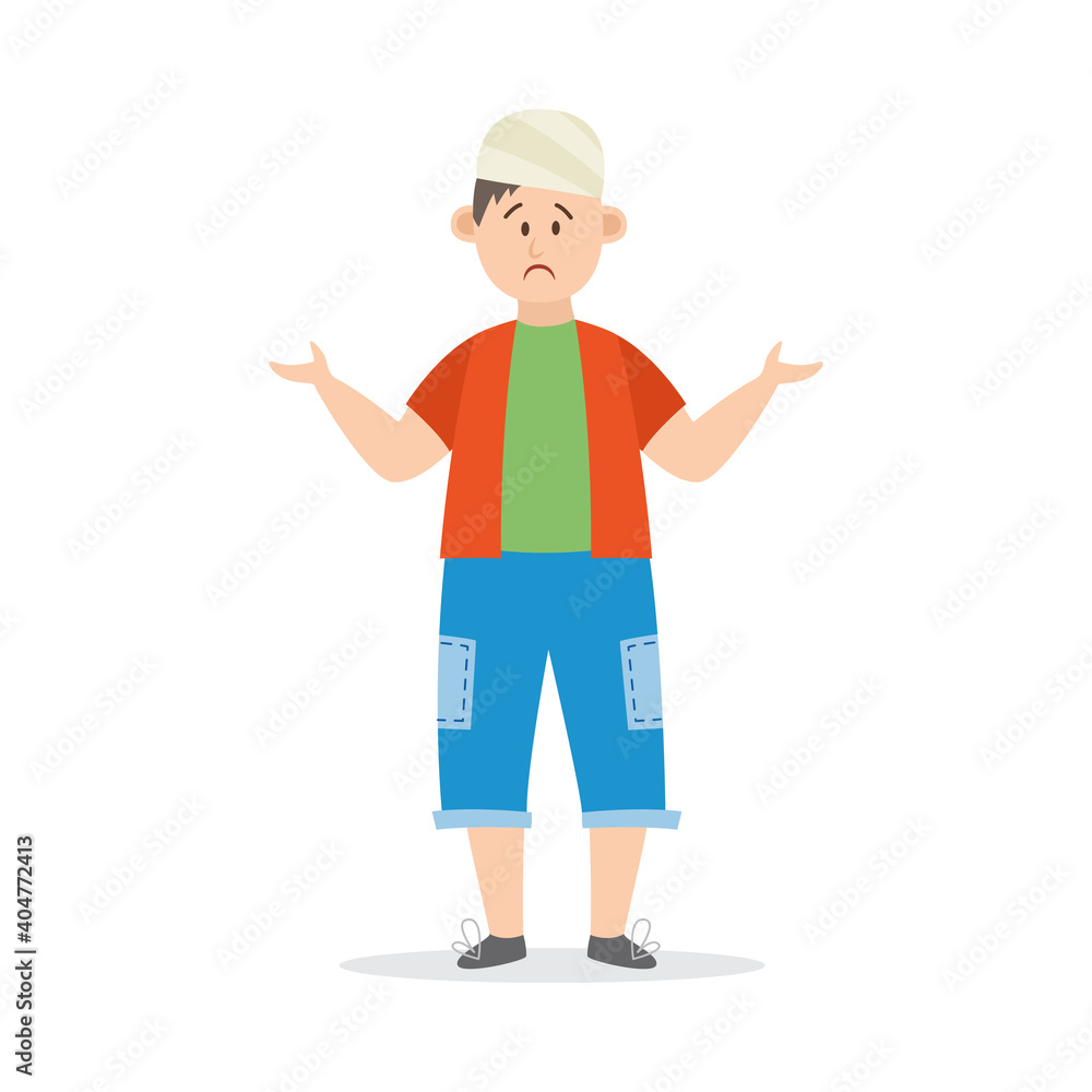 Cartoon child with head injury wearing a bandage. Injured boy Cartoon child with head injury wearing a bandage. Injured boy