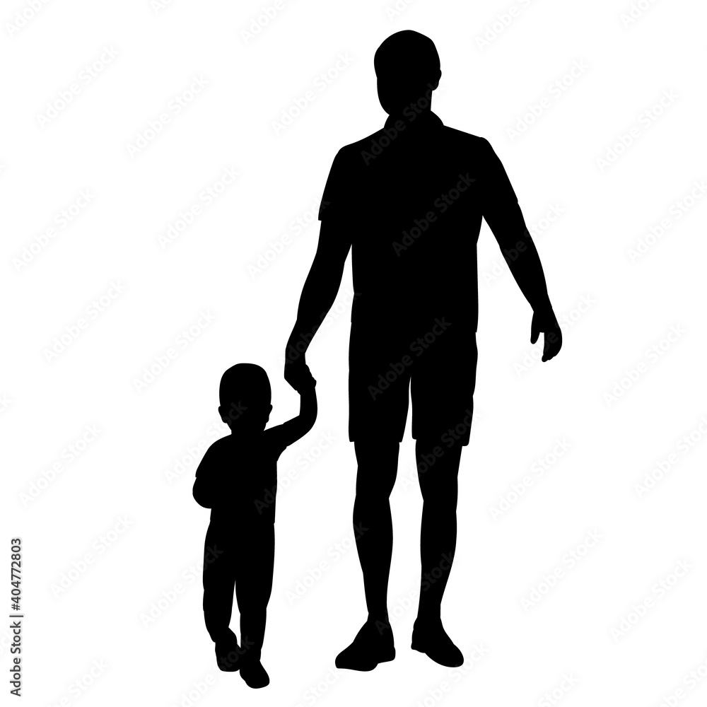vector, isolated, black silhouette of a walking man with a child Stock ...
