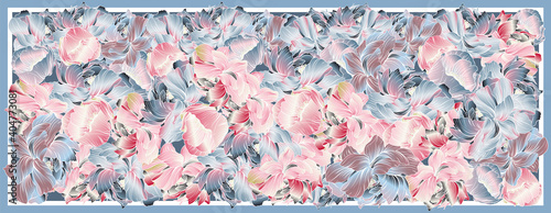 Delicate colors of silk scarf with flowering peony. Abstract seamless vector pattern with hand drawn floral elements. Trend colorful silk scarf with flowers. Size 180x70. Pink, blue, violet and white photo