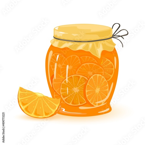 Glass jar filled with sour and sweet fruit orange, sweet caramelized dessert. Vector snack for tea, homemade vitaminized canned product, cooking idea isolated on white background