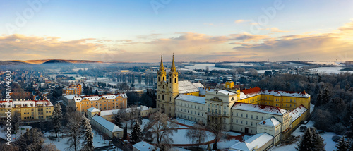 Snowy aerial photos about the Zirc abbey