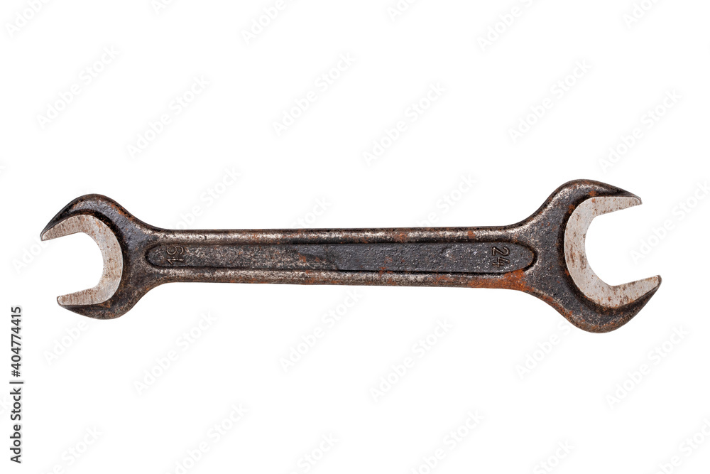 Craftsman tools isolated. Close-up of a old rusty metal wrench or open-end spanner size 19 and 24 for tightening or loosening screws isolated on a white background. Clipping path. Macro. Craftsman tools isolated. Close-up of a old rusty metal wrench or open-end spanner size 19 and 24 for tightening or loosening screws isolated on a white background. Clipping path. Macro.