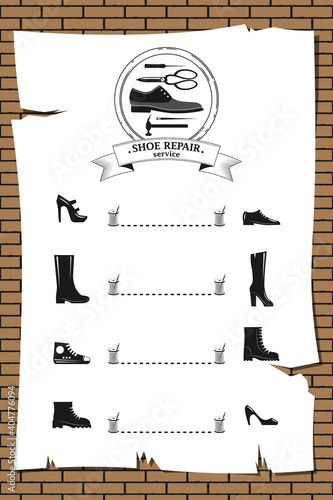 Shoe repair service. Vector image of logo. Announcement sheet hanging on a brick wall