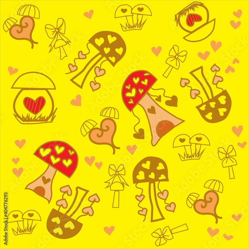 children's illustration. Seamless pattern. Valentine's Day wrapping paper. Heart and mushrooms on a yellow background. Gift wrap with heart elements and stylized mushrooms.