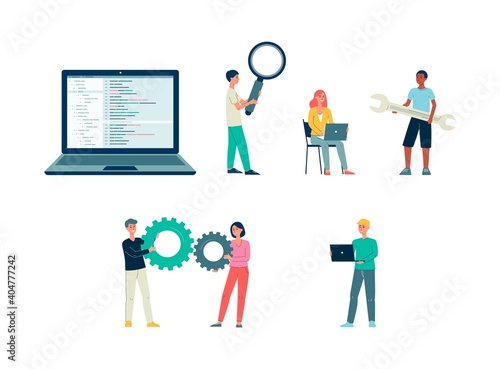 Set of computer programmers and code testers flat vector illustration isolated.