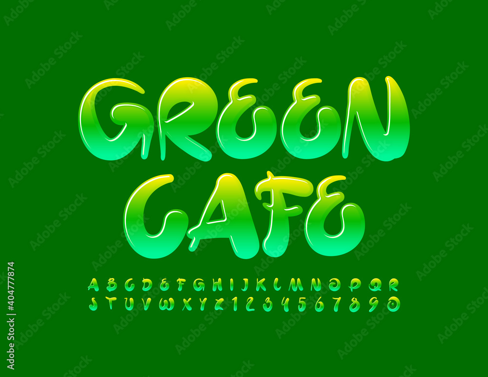 Vector artistic emblem Green Cafe. Shiny gradient Font. Creative Alphabet Letters and Numbers set Vector artistic emblem Green Cafe. Shiny gradient Font. Creative Alphabet Letters and Numbers set