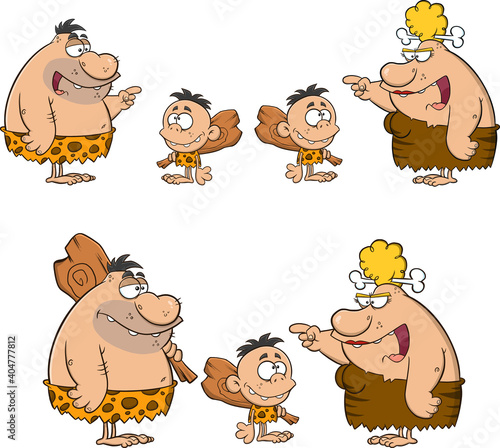 Caveman Cartoon Characters. Vector Collection Set Isolated On White Background