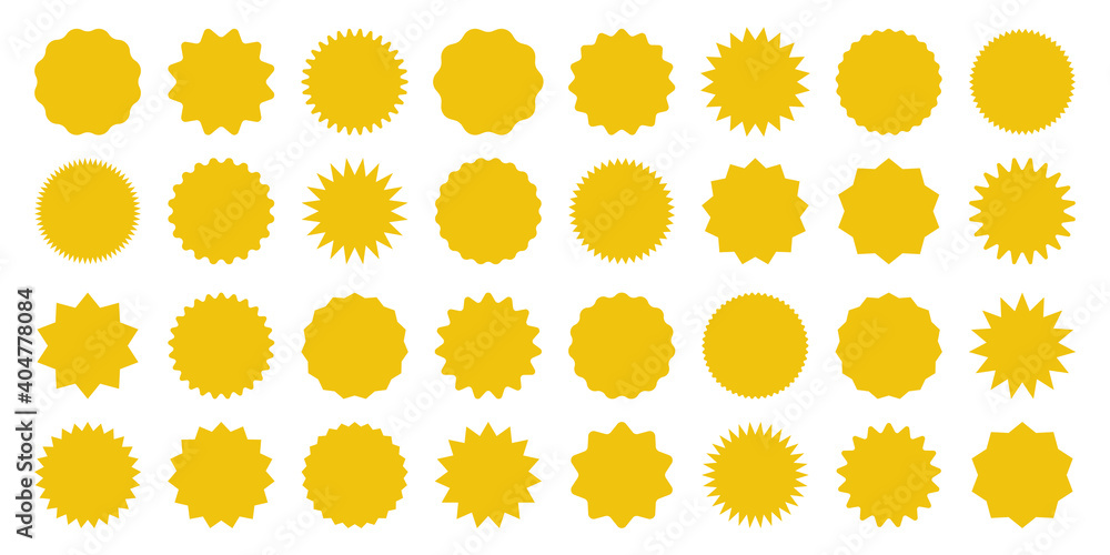 Yellow shopping labels collection. Sale or discount sticker. Special offer price tag. Supermarket promotional badge. Vector sunburst icon. Yellow shopping labels collection. Sale or discount sticker. Special offer price tag. Supermarket promotional badge. Vector sunburst icon.